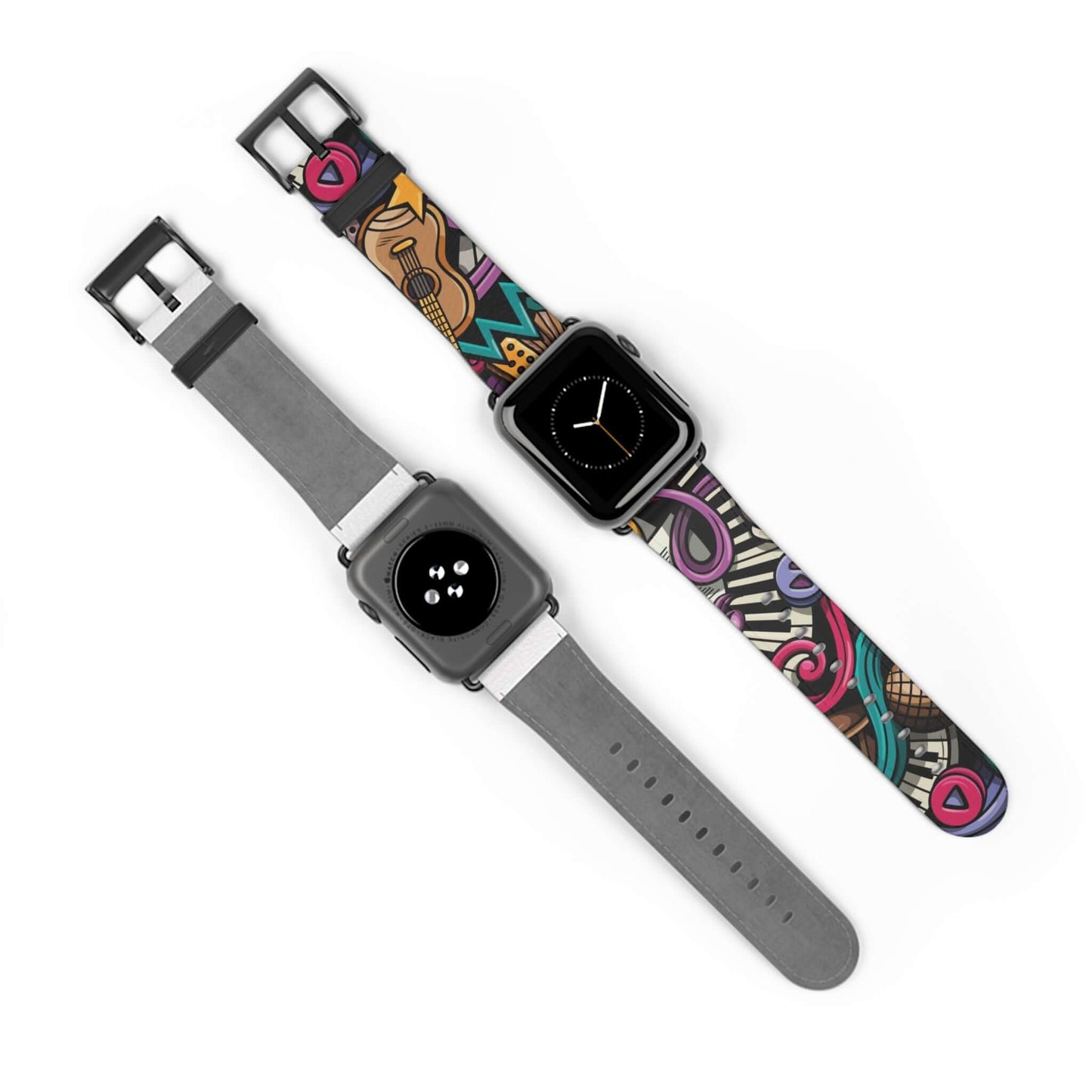 Musical Doodle Apple Watch BandRock out while tracking your steps with the Musical Doodle Apple Watch Band. This funky accessory adds style and functionality to your device. Groove to the beat of your own workout playlist while counting your steps and sta