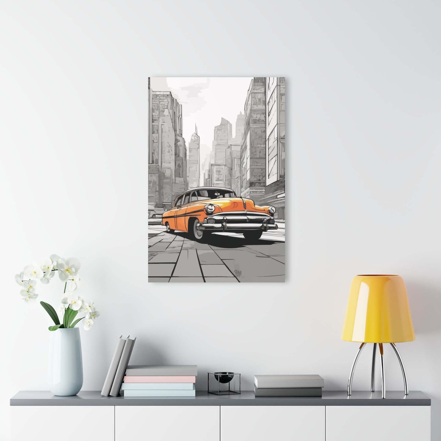 Classic car acrylic print on wall; vibrant eco-friendly wall art for car enthusiasts; retro city scene; home decor.