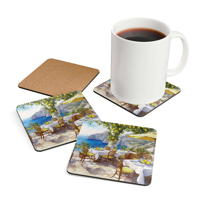 Scenic restaurant cork back coaster set with a design of a coastal dining scene, featuring a white mug on one coaster.