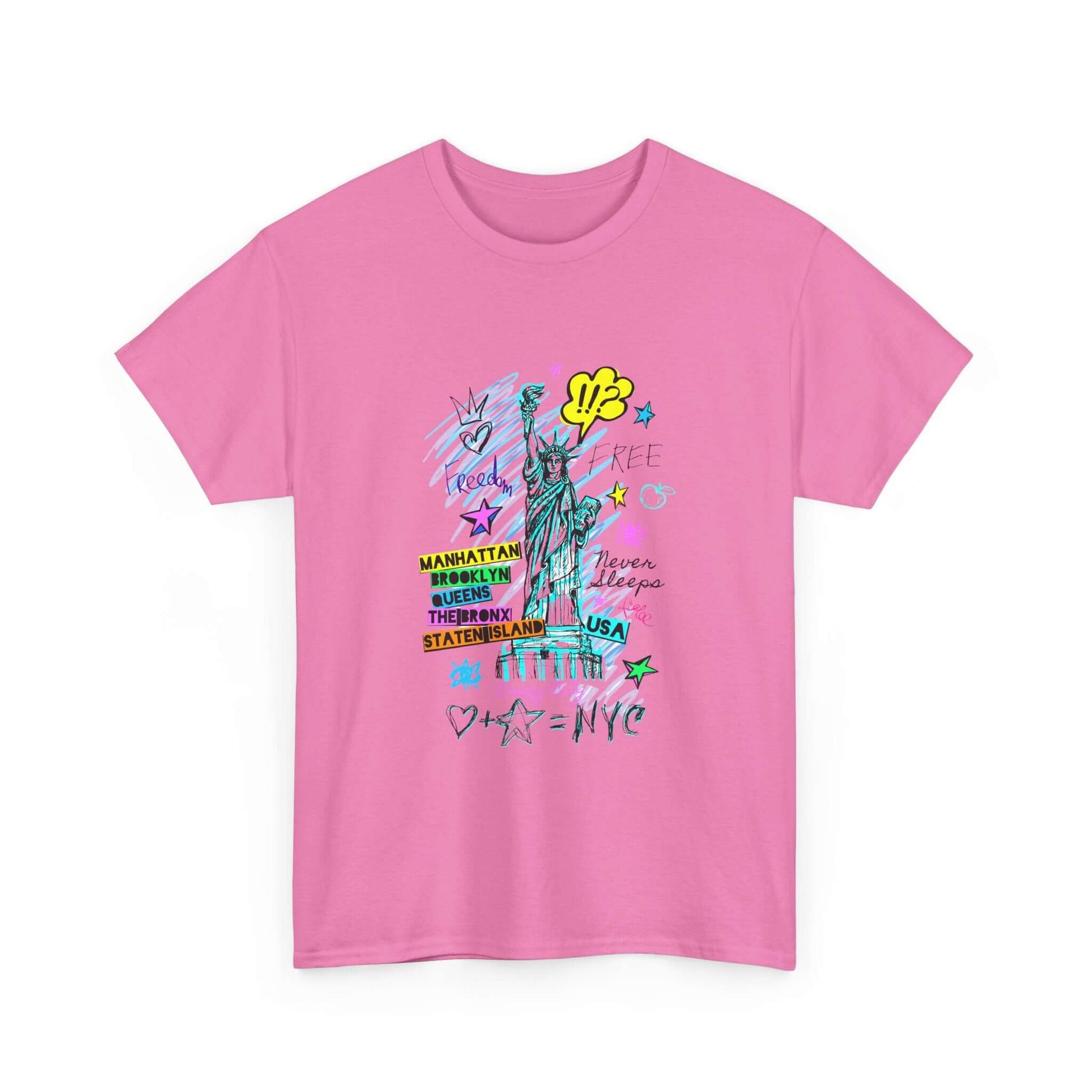 Pink New York Art T-Shirt featuring vibrant graphics of the city and made from sustainable cotton for stylish comfort.