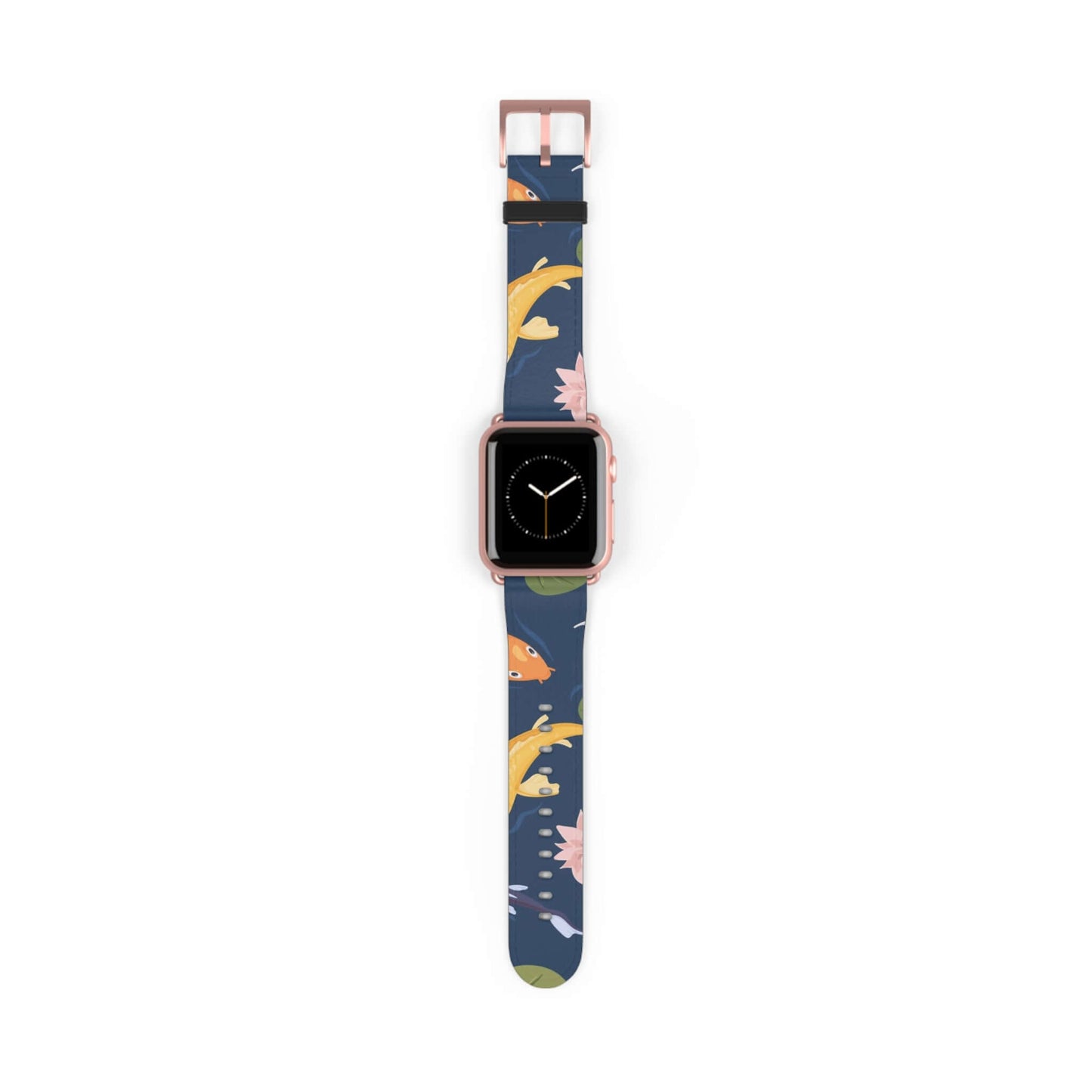 Fish & Water Lily Apple Watch BandElevate your style with our Fish & Water Lily Apple Watch Band! Made with high-quality material, this band is not only durable but also adds a touch of elegance to your look. Plus, the unique design featuring a fish and w