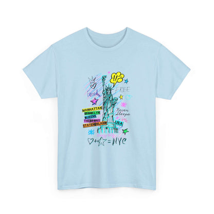 Unisex New York Art T-Shirt made from sustainable cotton, showcasing vibrant city-inspired designs and capturing NYC's lively energy.