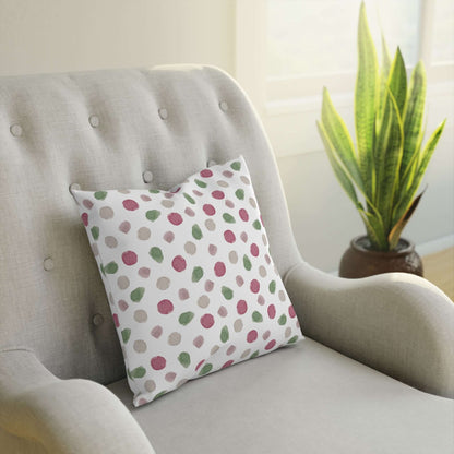 Polka Dot Cushion.: Materials: 100% cotton drill cover, 100% polyester filling.: Available in 2 sizes.: Concealed zipper.: Double-sided print Introducing the Polka Dot Cushion, your luxurious new addition to any interior. Let the delicate dewcrip fabric e