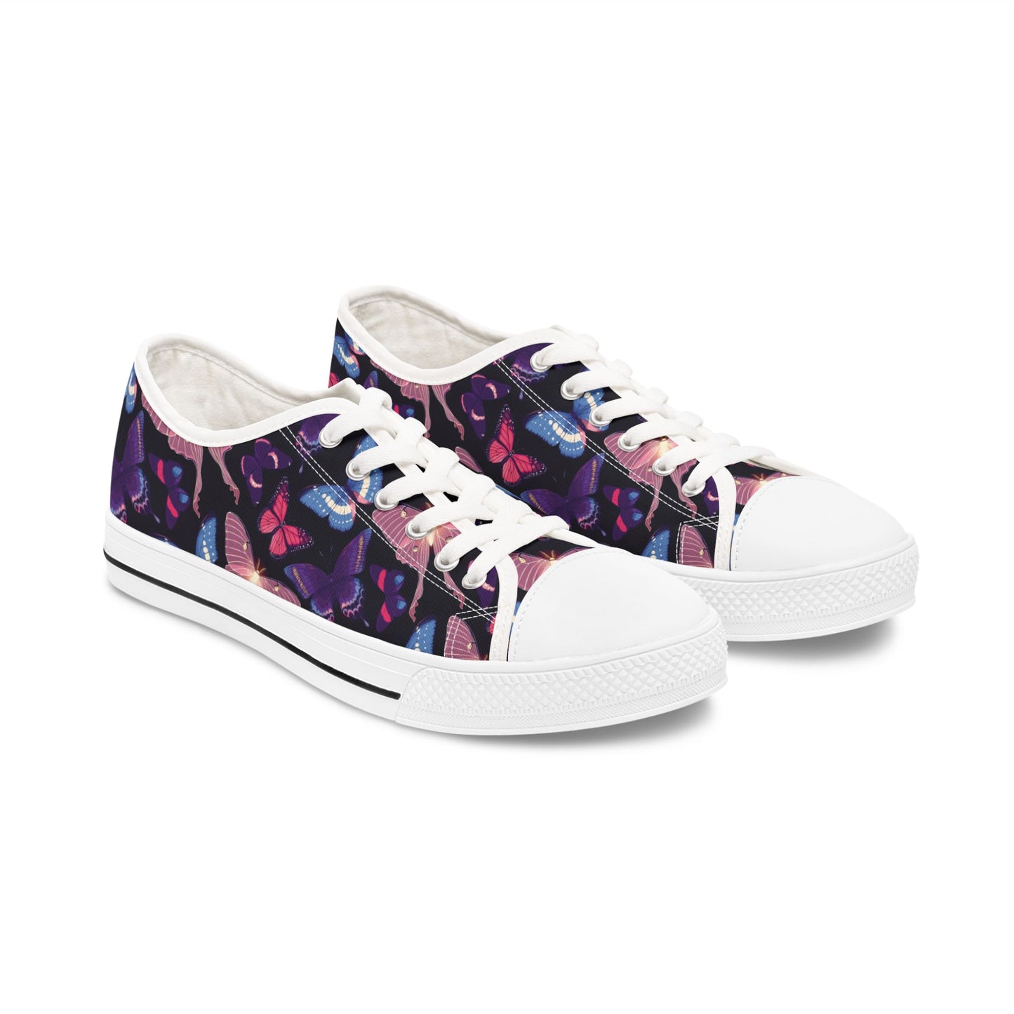 Women's Vivid Butterfly Low Top SneakersElevate your style with our Women's Vivid Butterfly Low Top Sneakers. These eye-catching sneakers feature a delicate butterfly design, adding a touch of elegance to any outfit. With their low top design and comforta