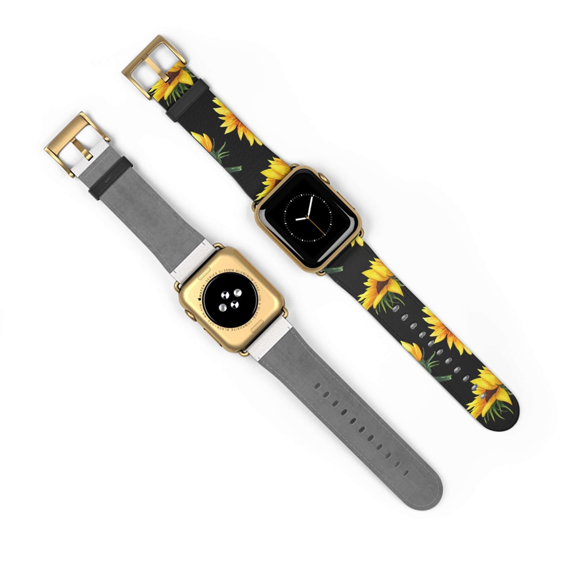 Sunflower Apple Watch Band with faux leather strap and stainless steel buckle, adds nature and elegance to your style. Ideal for iPhone or Samsung cases.