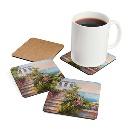 Santorini Coaster Set with cork backing and Greek island design, shown with a mug, protects furniture from spills and scratches.