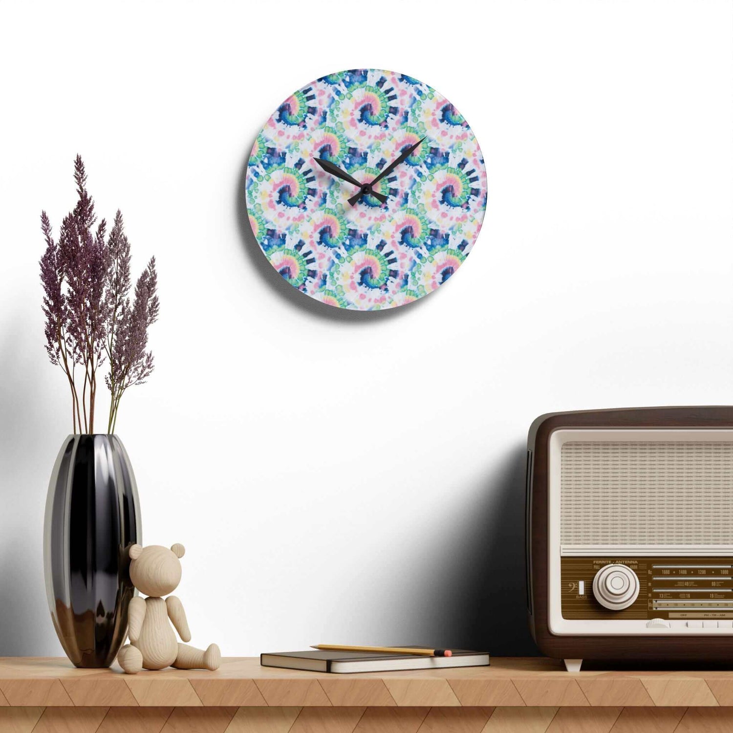 Dye Acrylic Wall ClockThis exquisite Dye Acrylic Wall Clock adds a touch of modern elegance to any room. Its vibrant, abstract design is crafted from high-quality acrylic, making it a durable and stylish addition to your decor. With its precise quartz mov