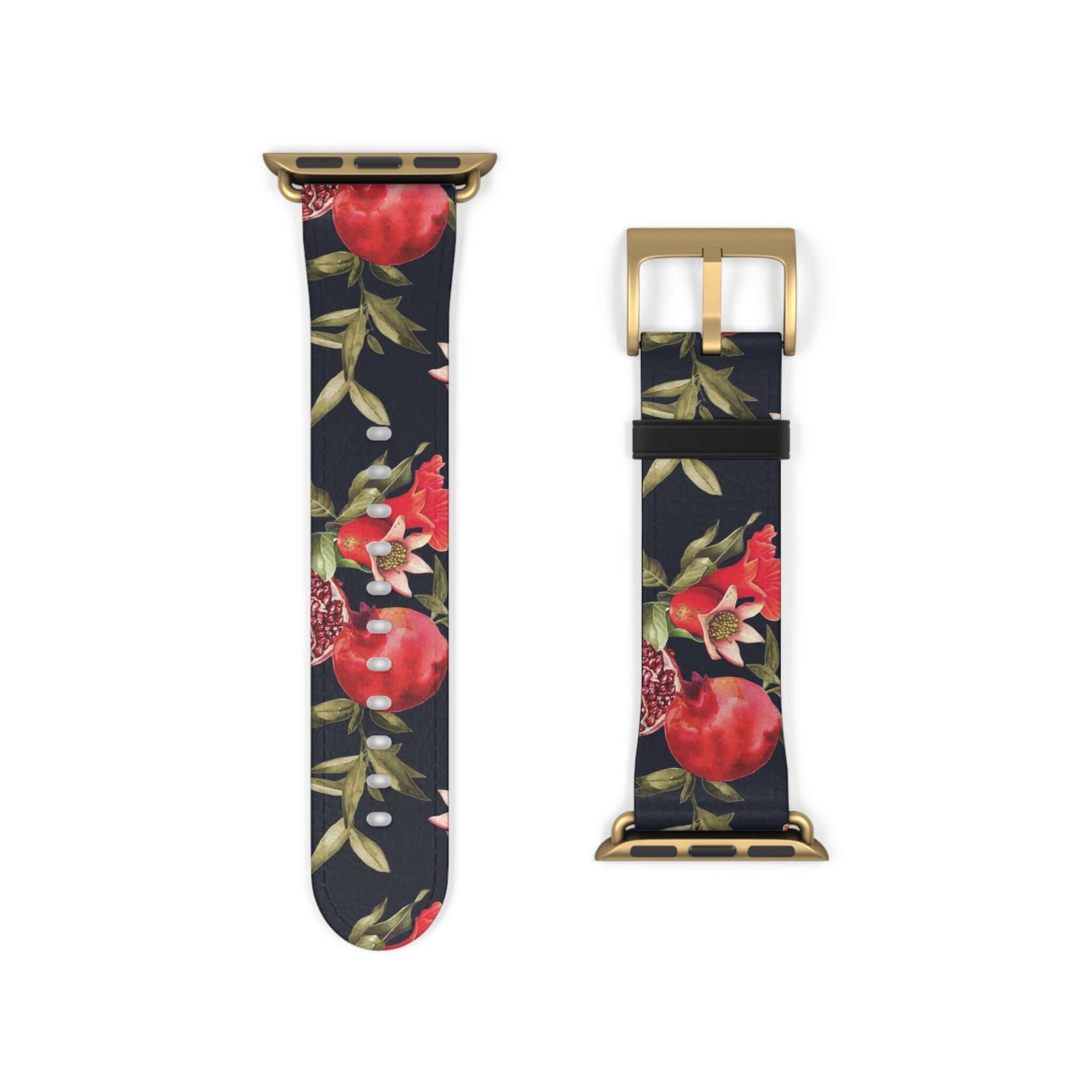 Pomegranate Apple Watch BandEmbrace elegance with our Pomegranate Apple Watch Band. Made from premium, high-quality materials, this luxurious band will elevate your style. With its vibrant red and green colors, it will add a touch of sophistication to any