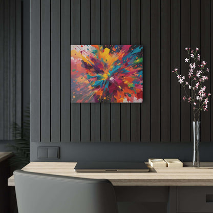 Vibrant Paint Splat Acrylic Print on dark wood wall in modern office; eco-friendly abstract wall art, colorful and eye-catching.