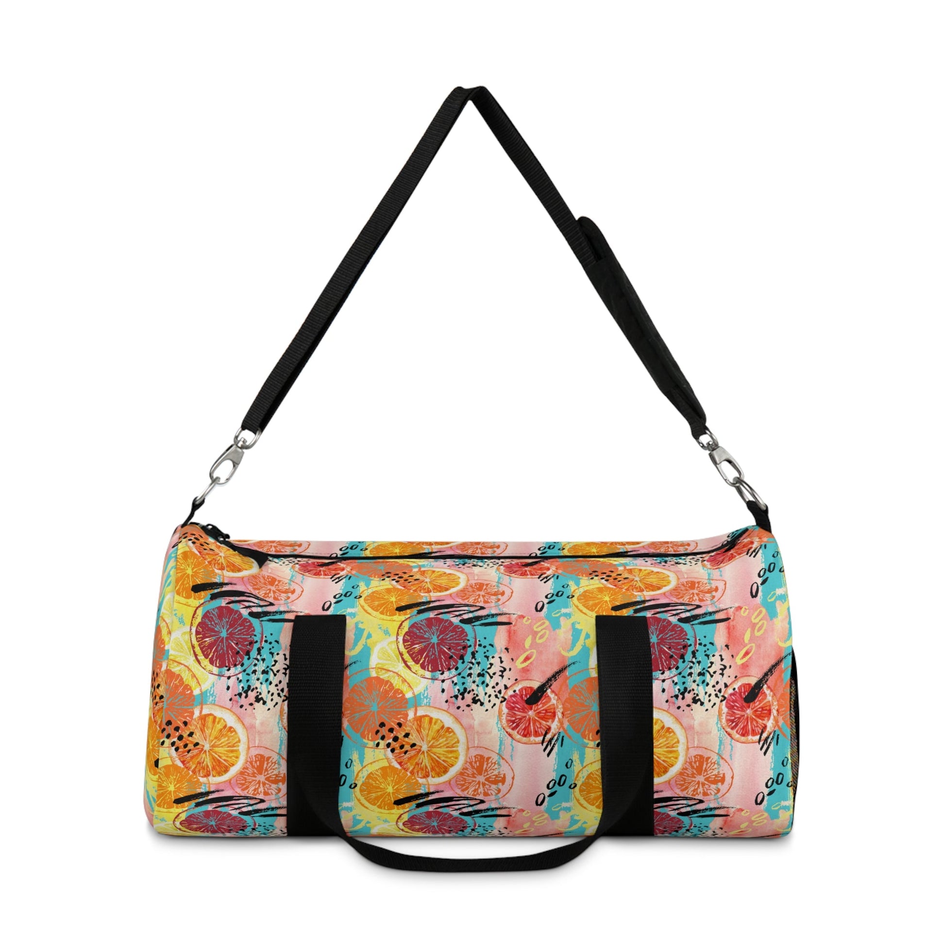 Watercolour Fruits Duffel BagThis Watercolour Fruits Duffel Bag features a vibrant watercolour design of various fruits. Made with durable materials, it's perfect for carrying all your essentials while on the go. Stay organized with multiple pockets and e