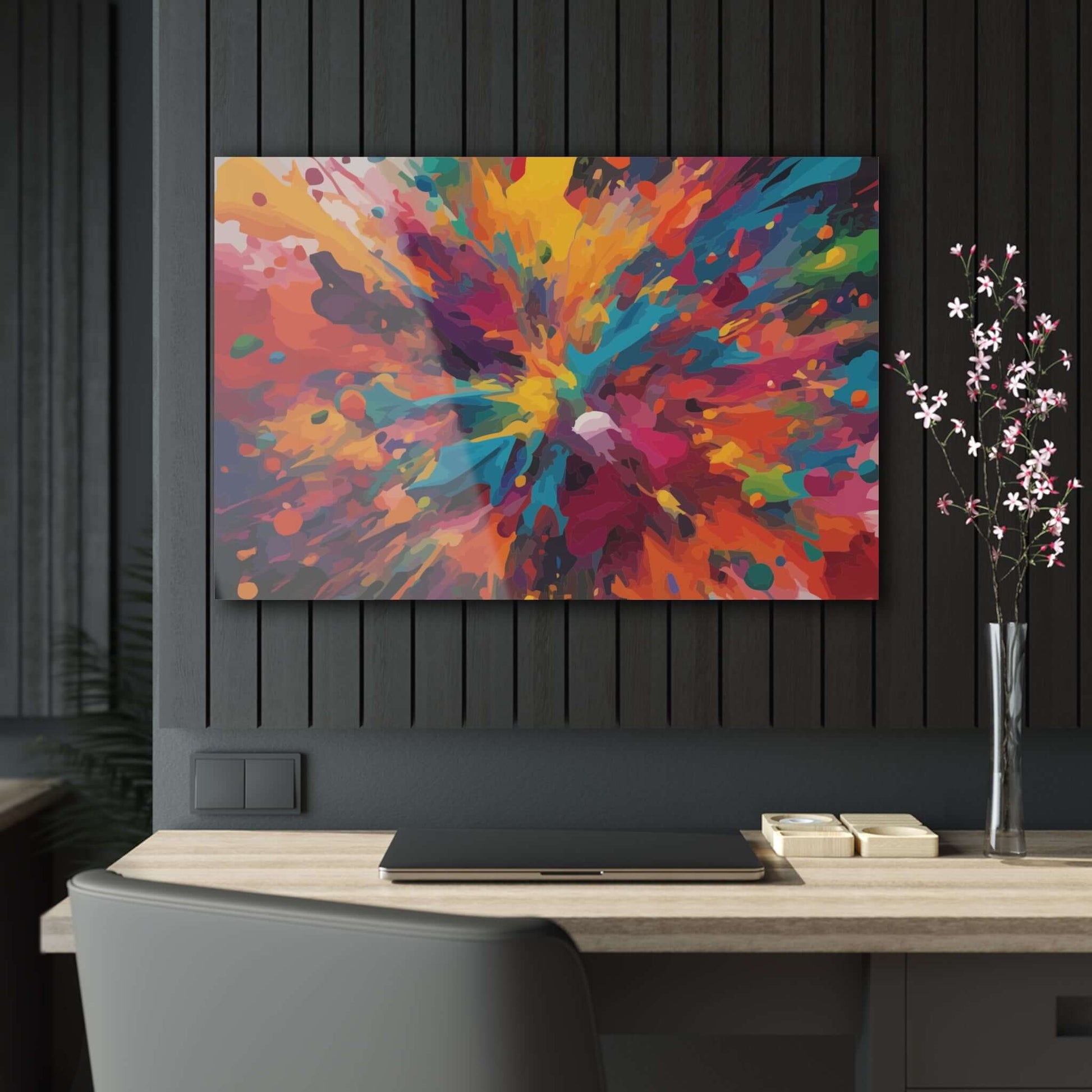 Vibrant paint splat acrylic wall art, eco-friendly abstract design, adds modern flair and long-lasting beauty to any room.