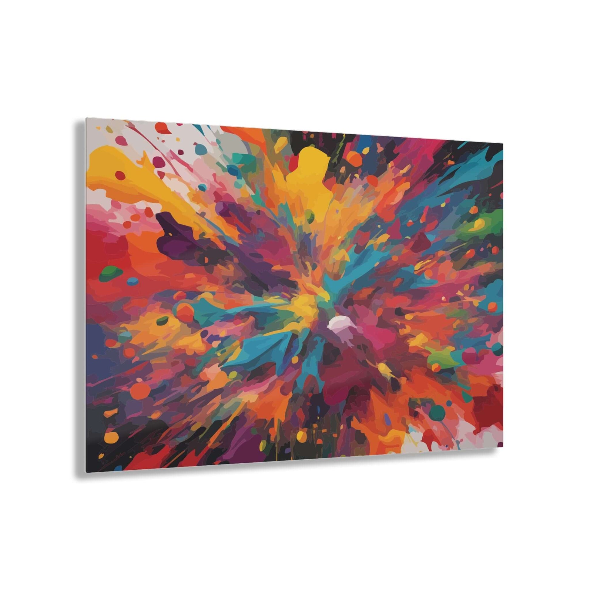 Vibrant paint splat acrylic print, abstract wall art with eco-friendly materials, bursting colors on clear acrylic, 0.75-inch depth.