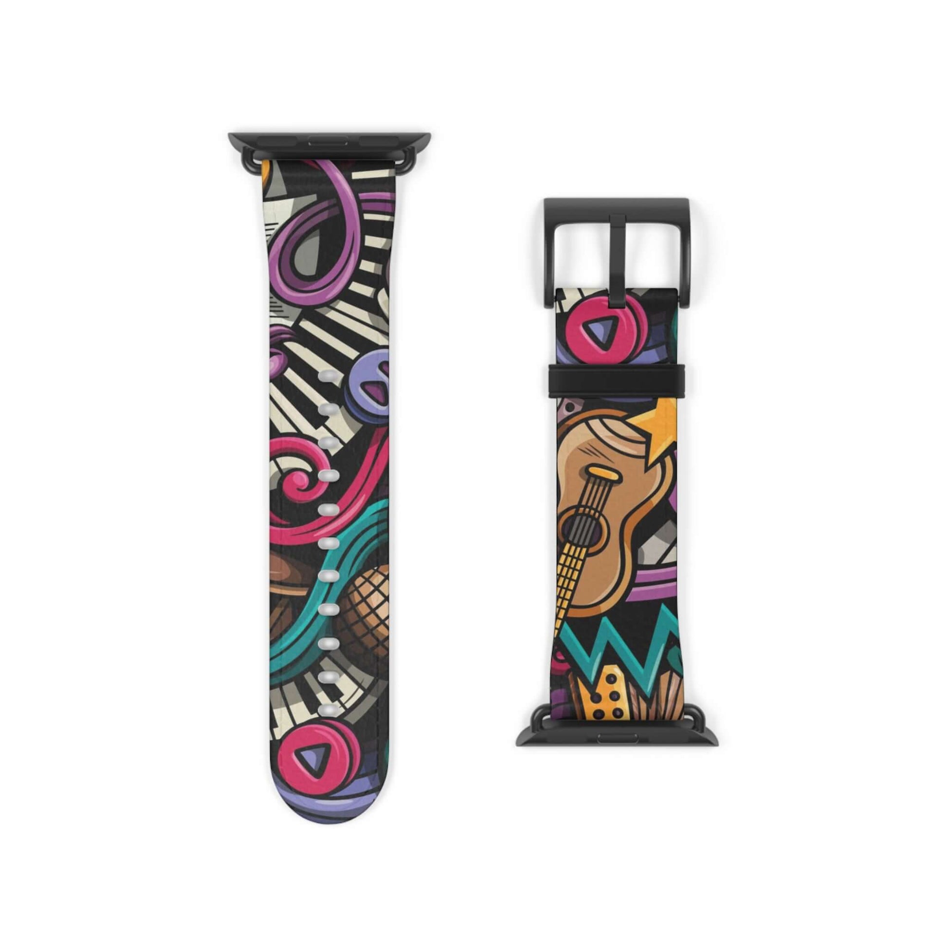 Musical Doodle Apple Watch BandRock out while tracking your steps with the Musical Doodle Apple Watch Band. This funky accessory adds style and functionality to your device. Groove to the beat of your own workout playlist while counting your steps and sta