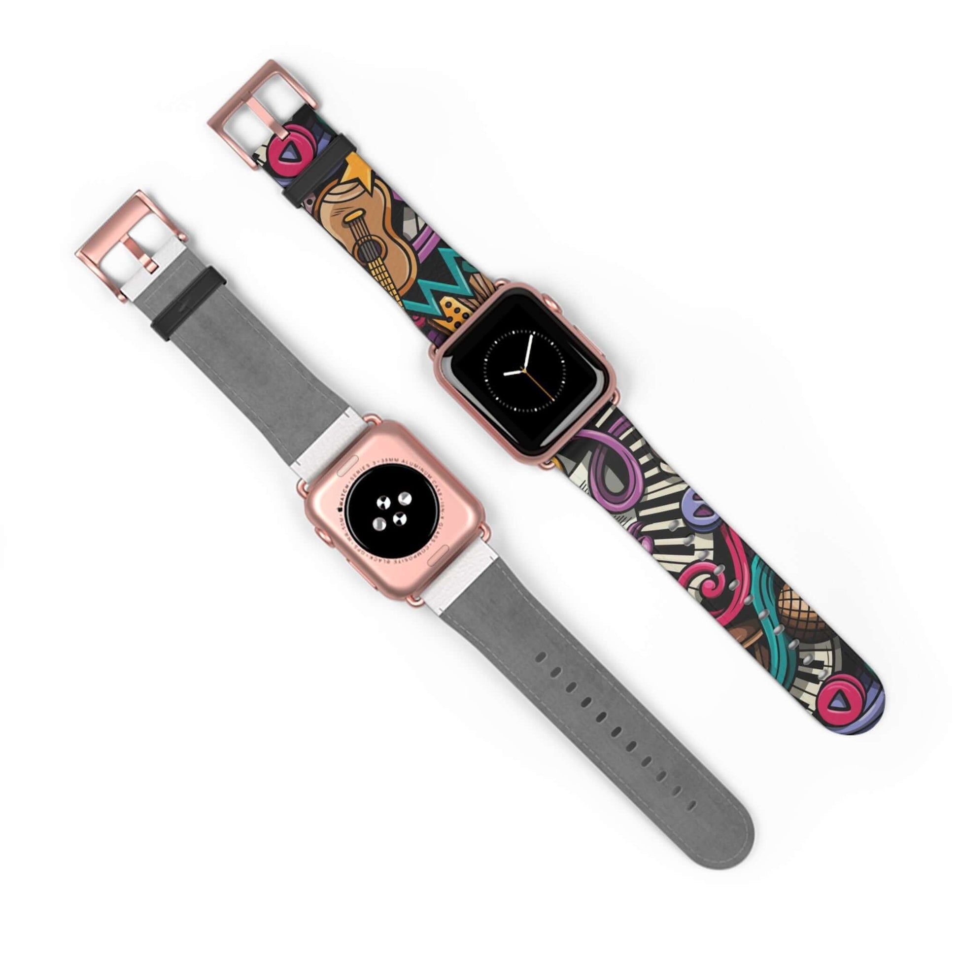 Musical Doodle Apple Watch BandRock out while tracking your steps with the Musical Doodle Apple Watch Band. This funky accessory adds style and functionality to your device. Groove to the beat of your own workout playlist while counting your steps and sta