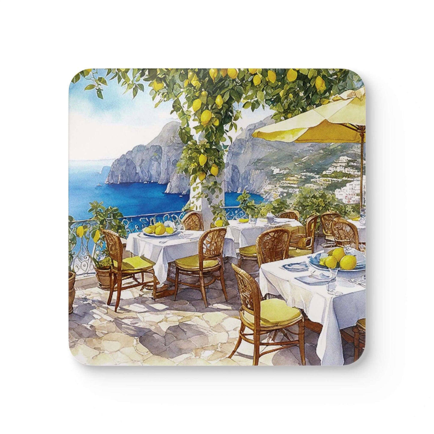 Scenic Restaurant Cork Back Coaster featuring a coastal dining view with lemon trees and sea vista, adding elegance to any table setting.