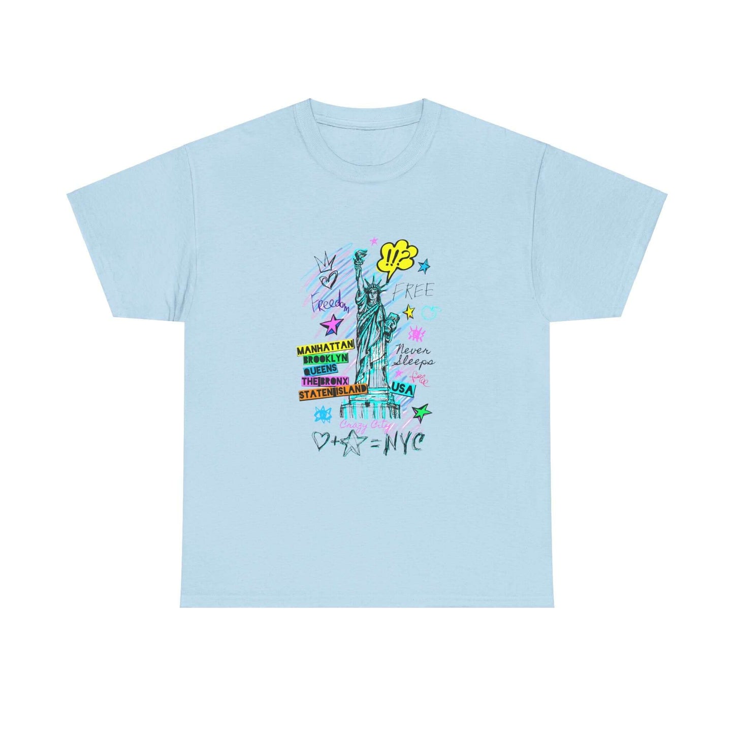 Unisex New York Art T-Shirt in blue with vivid city-inspired graphics made from sustainable cotton. Stylish, comfortable urban wear.