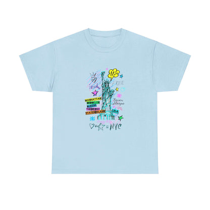 Unisex New York Art T-Shirt in blue with vivid city-inspired graphics made from sustainable cotton. Stylish, comfortable urban wear.