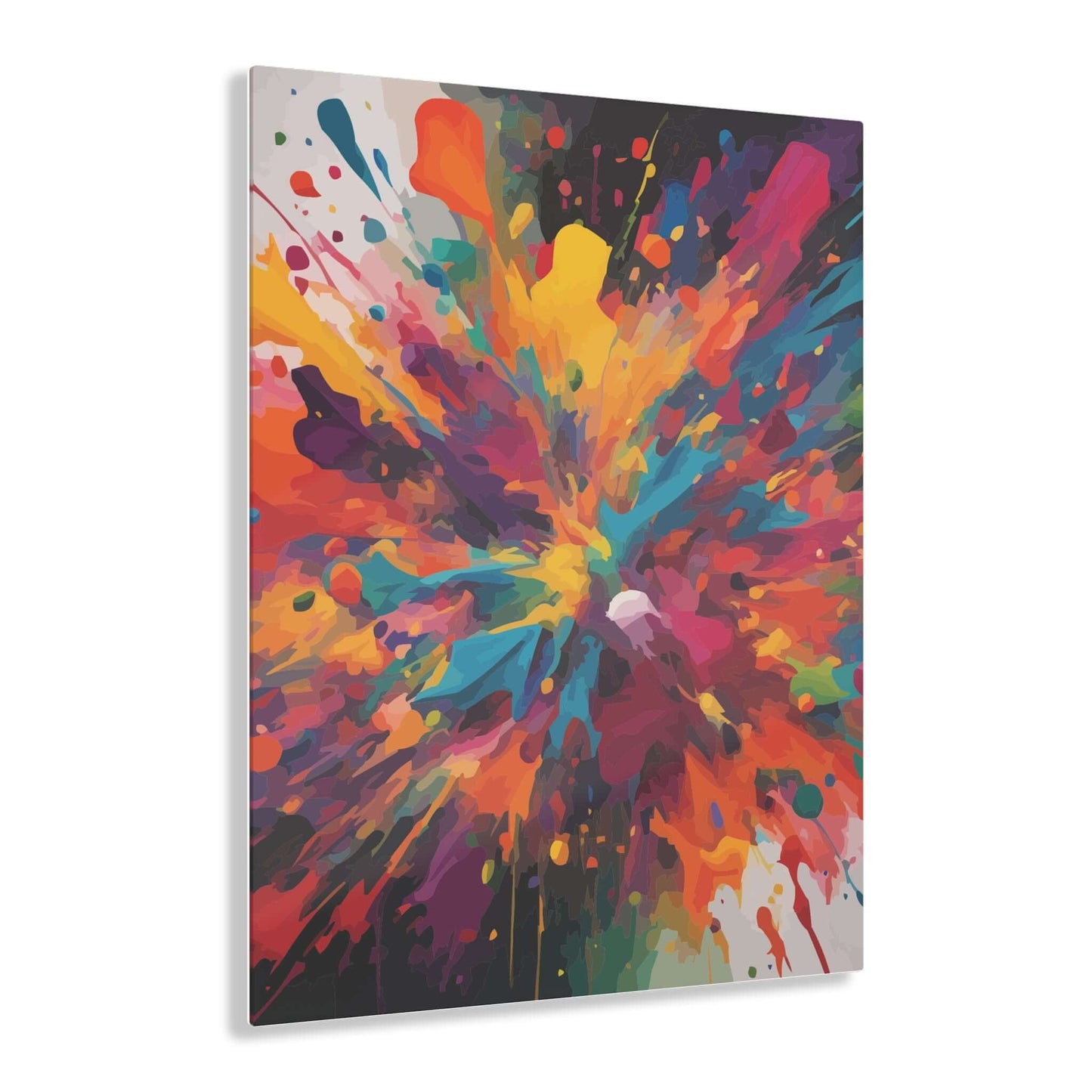 Vibrant Paint Splat Acrylic Print, eco-friendly wall art with abstract splatter design, colorful and modern, 0.75-inch depth.