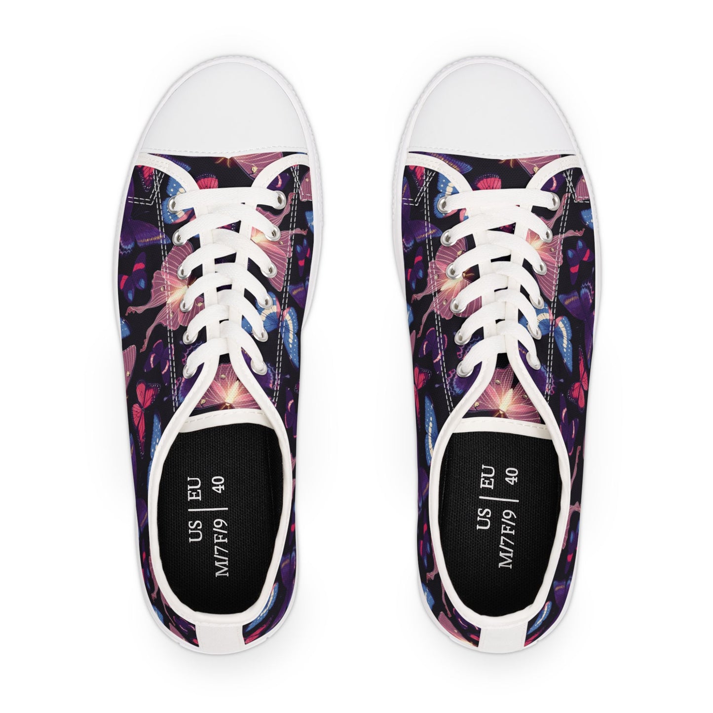 Women's Vivid Butterfly Low Top SneakersElevate your style with our Women's Vivid Butterfly Low Top Sneakers. These eye-catching sneakers feature a delicate butterfly design, adding a touch of elegance to any outfit. With their low top design and comforta