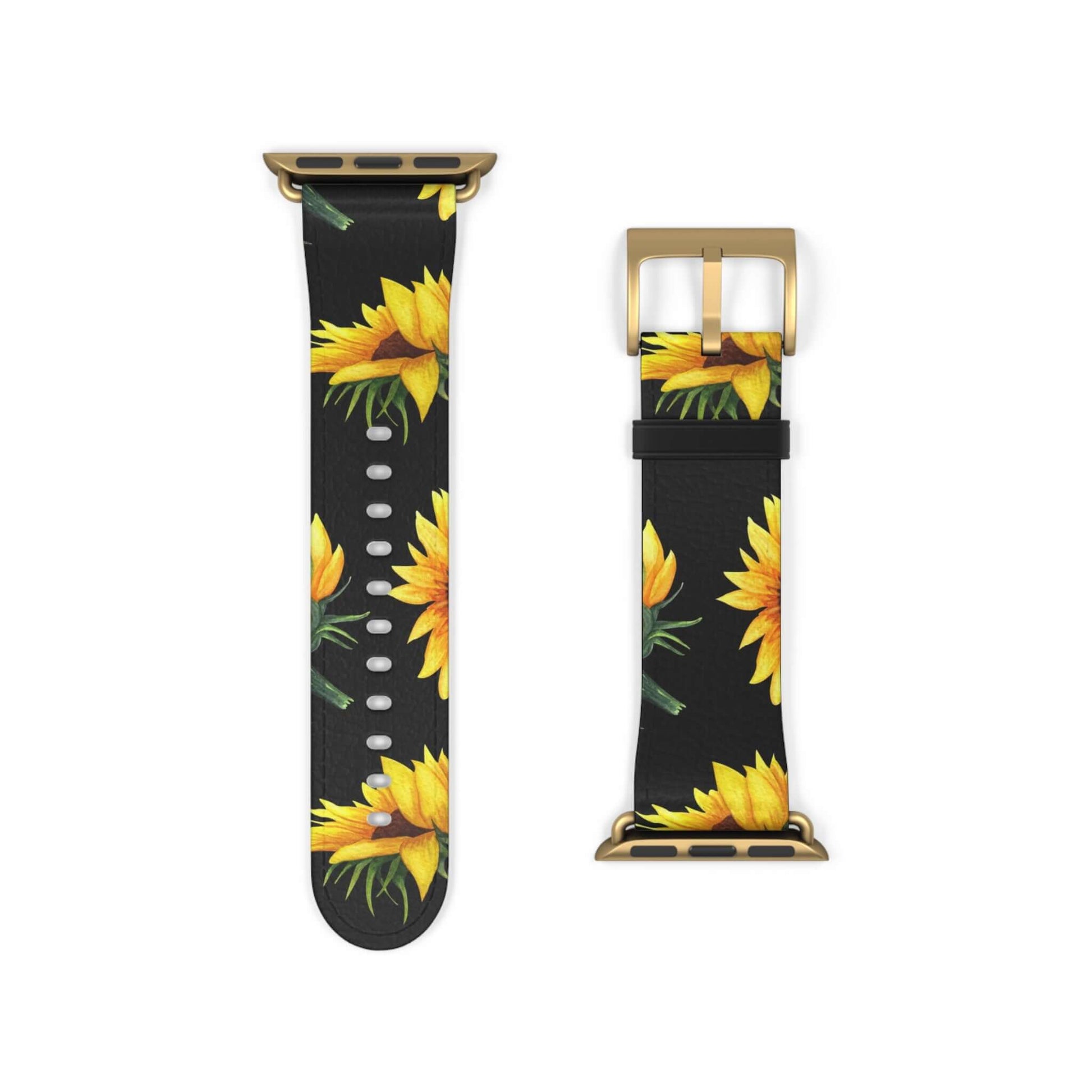 Sunflower design Apple Watch band in faux leather, perfect for iPhone and Samsung cases. Adds elegance to active lifestyles.