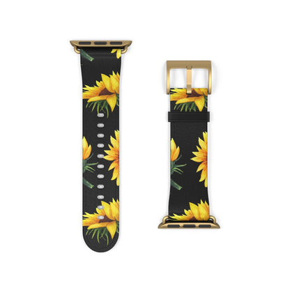 Sunflower design Apple Watch band in faux leather, perfect for iPhone and Samsung cases. Adds elegance to active lifestyles.