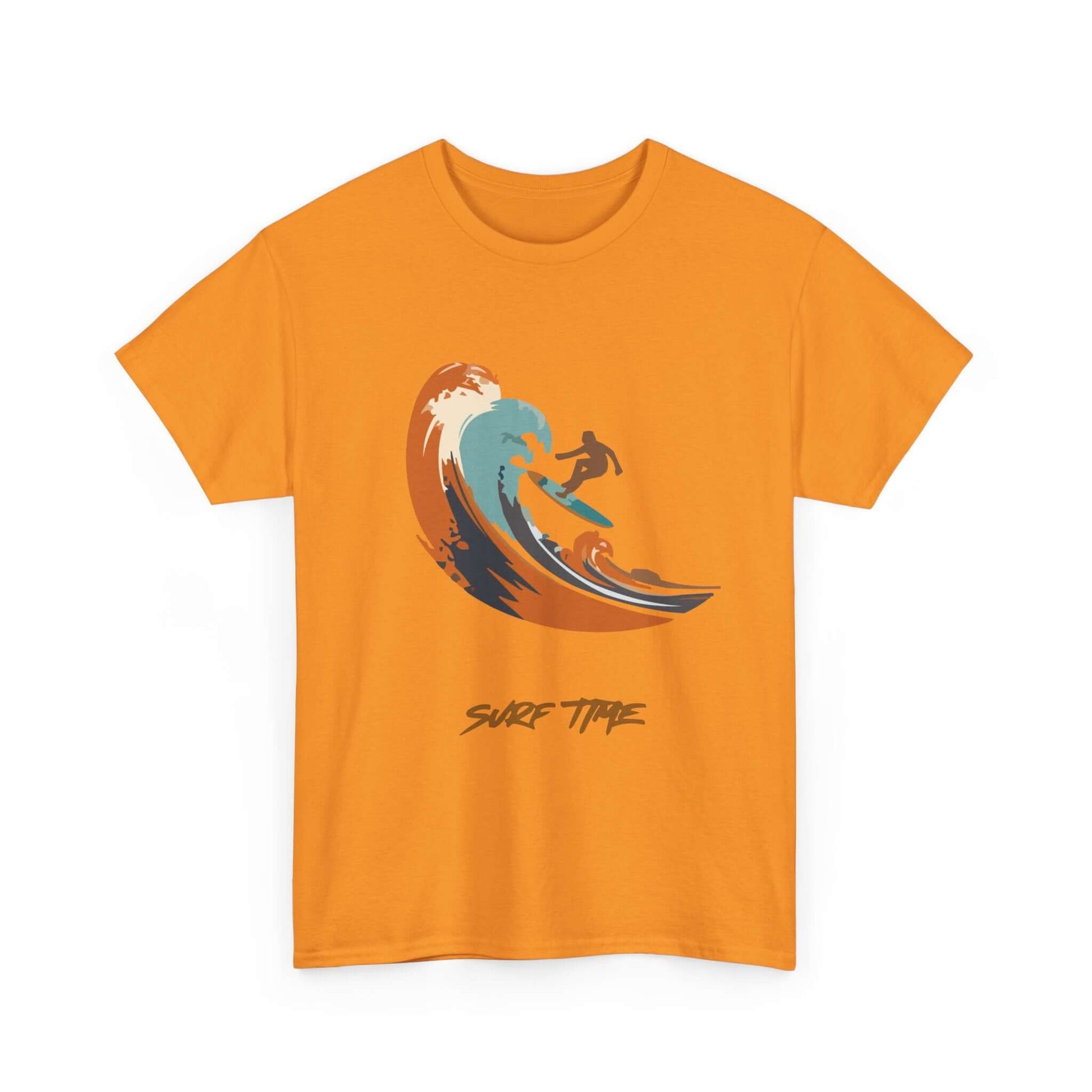 Unisex Surf Time T-Shirt in orange with wave graphic, perfect for beach lovers, offering comfort and versatility for any summer outing.