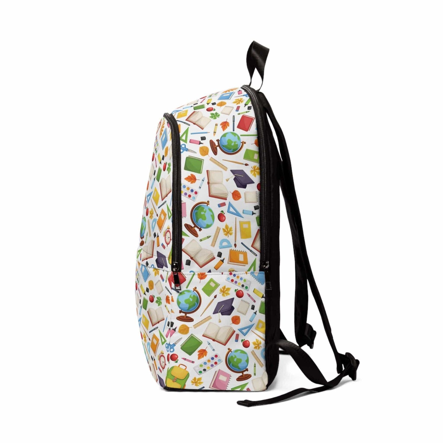 Unisex stationery supplies backpack with colorful school-themed print, made of soft nylon. Perfect for children and adults. Stationery not included.