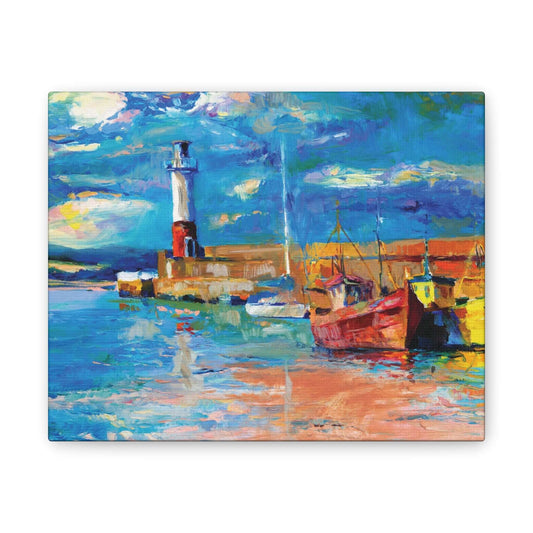 Lighthouse & Boats CanvasThis detailed canvas print features a beautiful lighthouse and boats on a serene ocean setting. Enhance any room with its calming presence and lifelike details. The high-quality material and printing process ensure long-lasting be