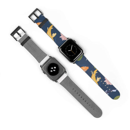 Fish & Water Lily Apple Watch BandElevate your style with our Fish & Water Lily Apple Watch Band! Made with high-quality material, this band is not only durable but also adds a touch of elegance to your look. Plus, the unique design featuring a fish and w