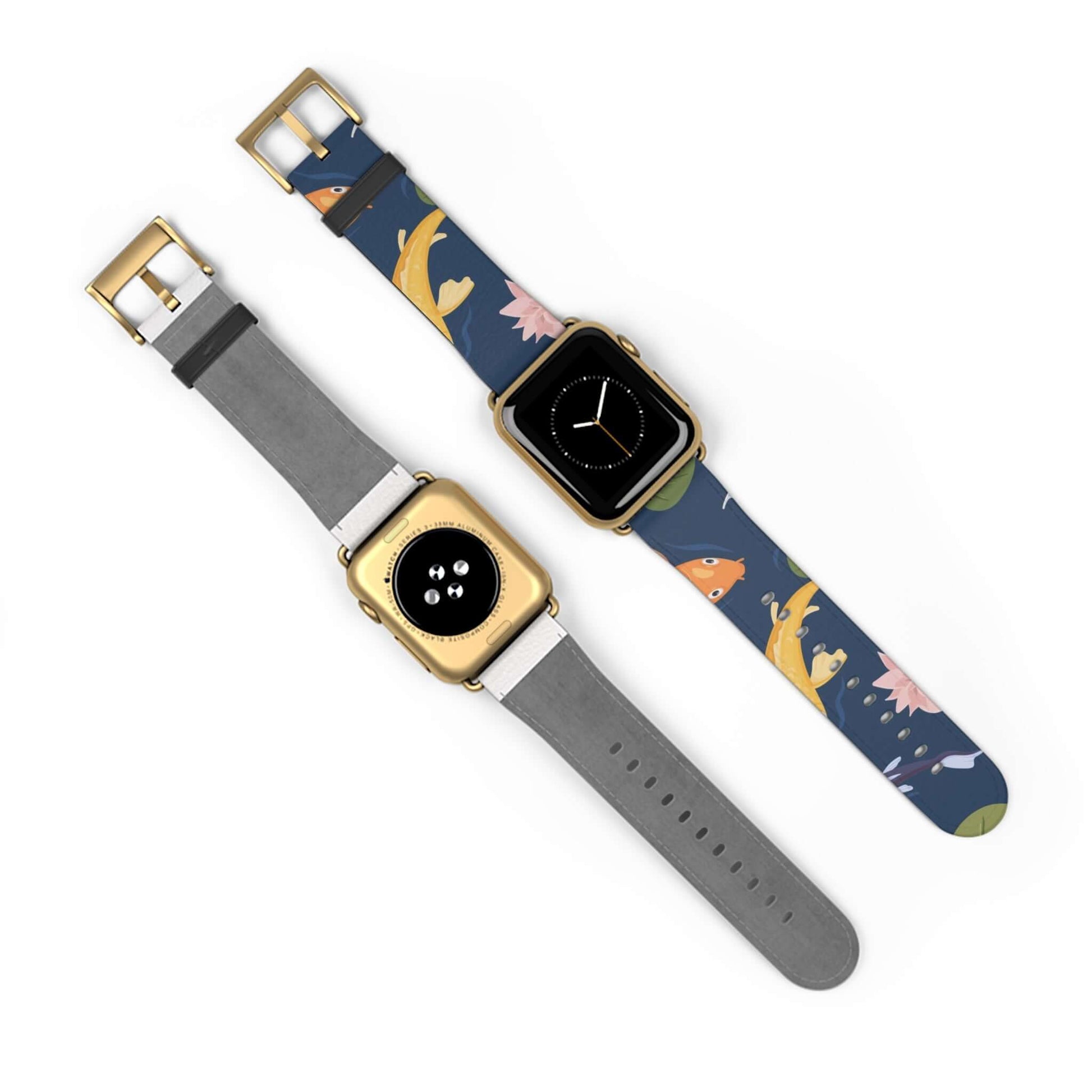 Fish & Water Lily Apple Watch BandElevate your style with our Fish & Water Lily Apple Watch Band! Made with high-quality material, this band is not only durable but also adds a touch of elegance to your look. Plus, the unique design featuring a fish and w