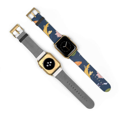 Fish & Water Lily Apple Watch BandElevate your style with our Fish & Water Lily Apple Watch Band! Made with high-quality material, this band is not only durable but also adds a touch of elegance to your look. Plus, the unique design featuring a fish and w