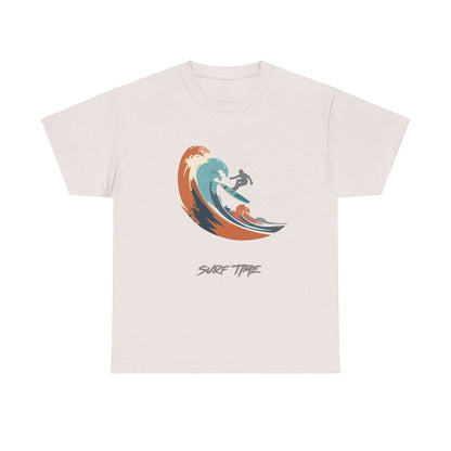 Unisex Surf Time T-Shirt with wave and surfer graphic, perfect for beach lovers, superior comfort, versatile summer essential.