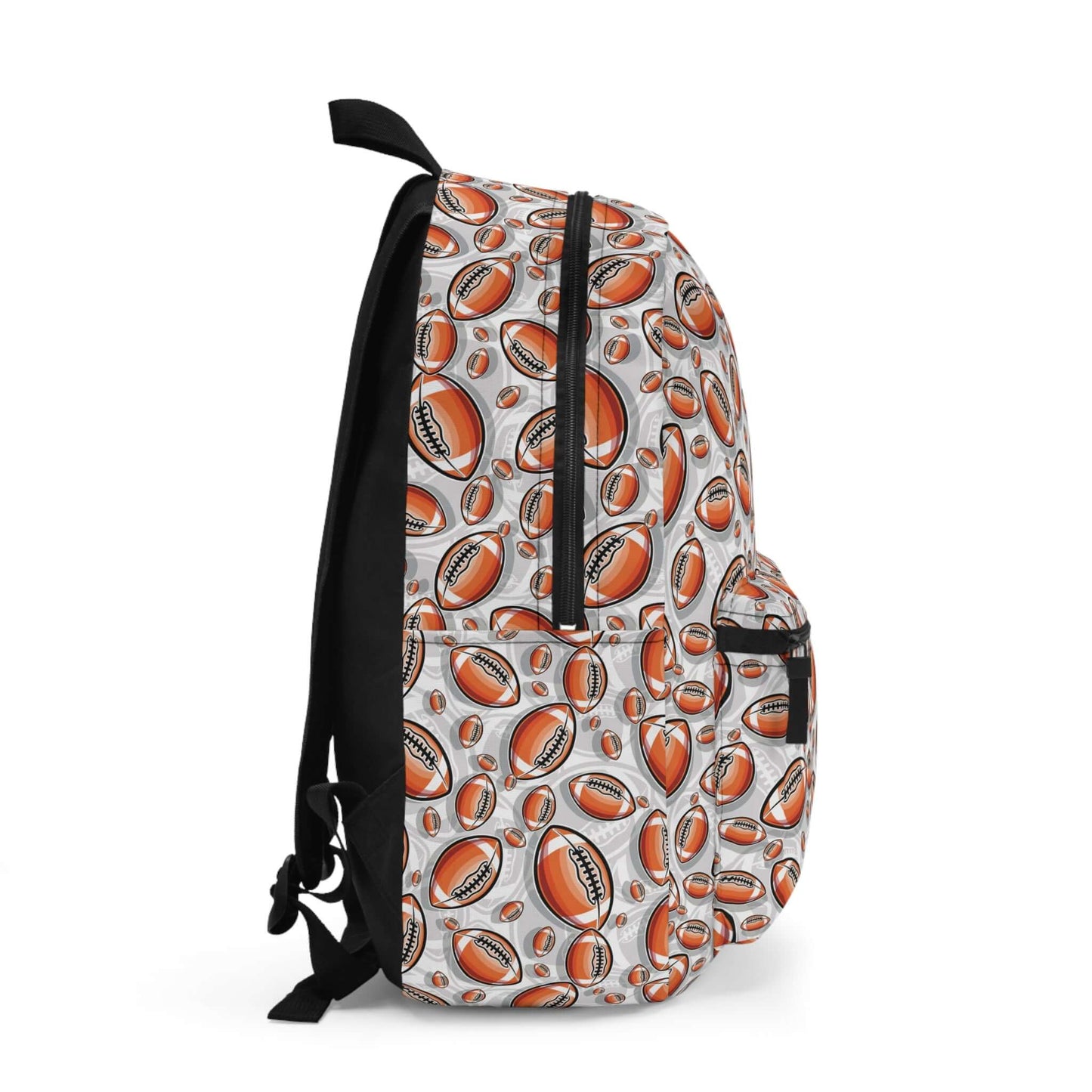 Rugby Balls BackpackScore a try with our Rugby Balls Backpack! This backpack features a playful design of rugby balls that is sure to make a statement. With plenty of space and comfortable straps, this backpack is perfect for a day on the field or a fun w