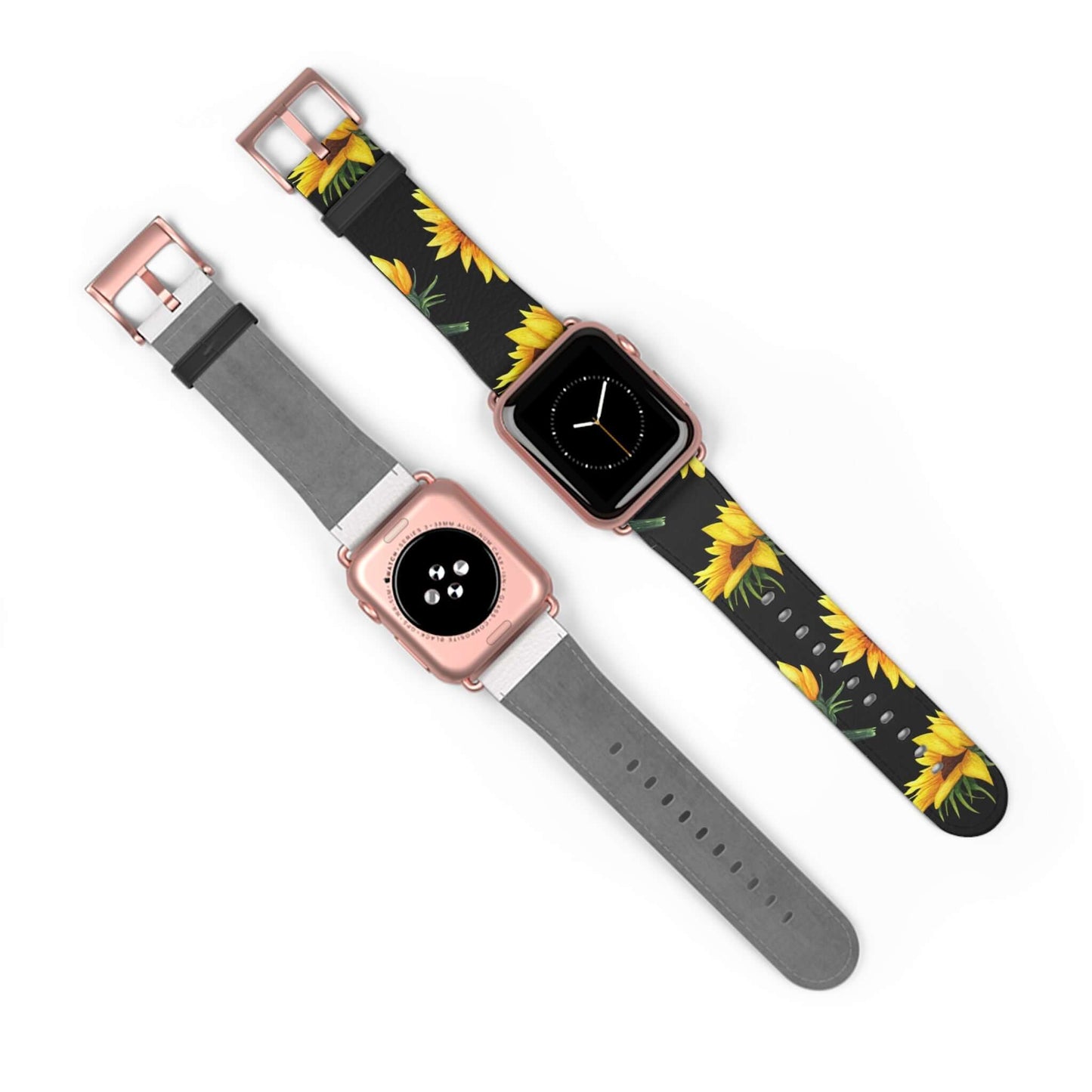 Sunflower Apple Watch Band in faux leather, compatible with iPhone and Samsung cases, showcasing a vibrant nature-inspired design.