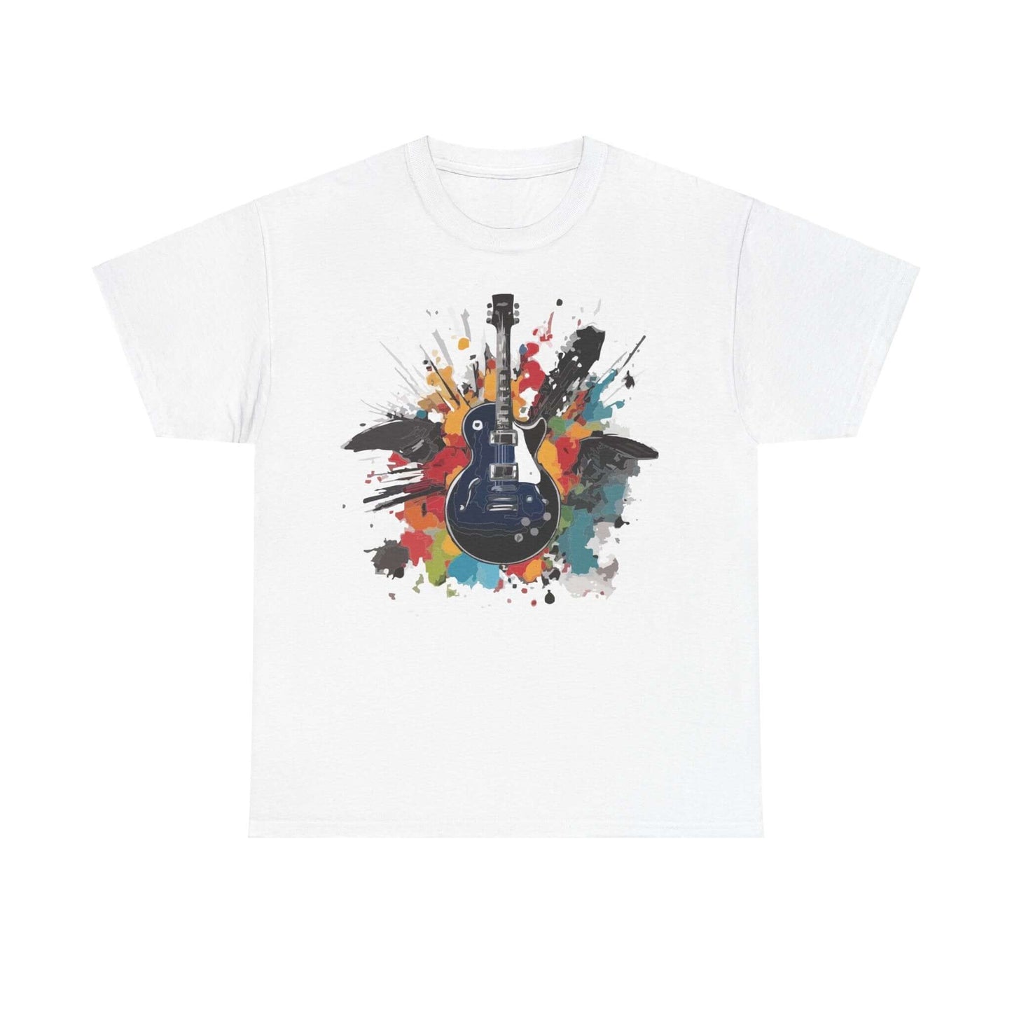 Unisex rock guitar t-shirt with colorful guitar design, made from soft cotton for music lovers. Perfect for adding attitude to any outfit.