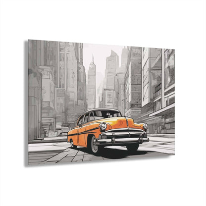 Classic car acrylic wall art print in cityscape, eco-friendly home decor