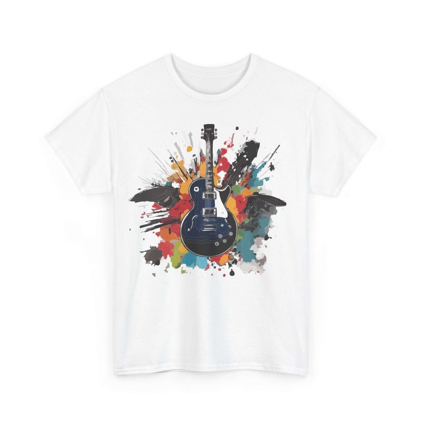 White unisex rock t-shirt with a colorful electric guitar design, perfect for music lovers seeking comfort and style.