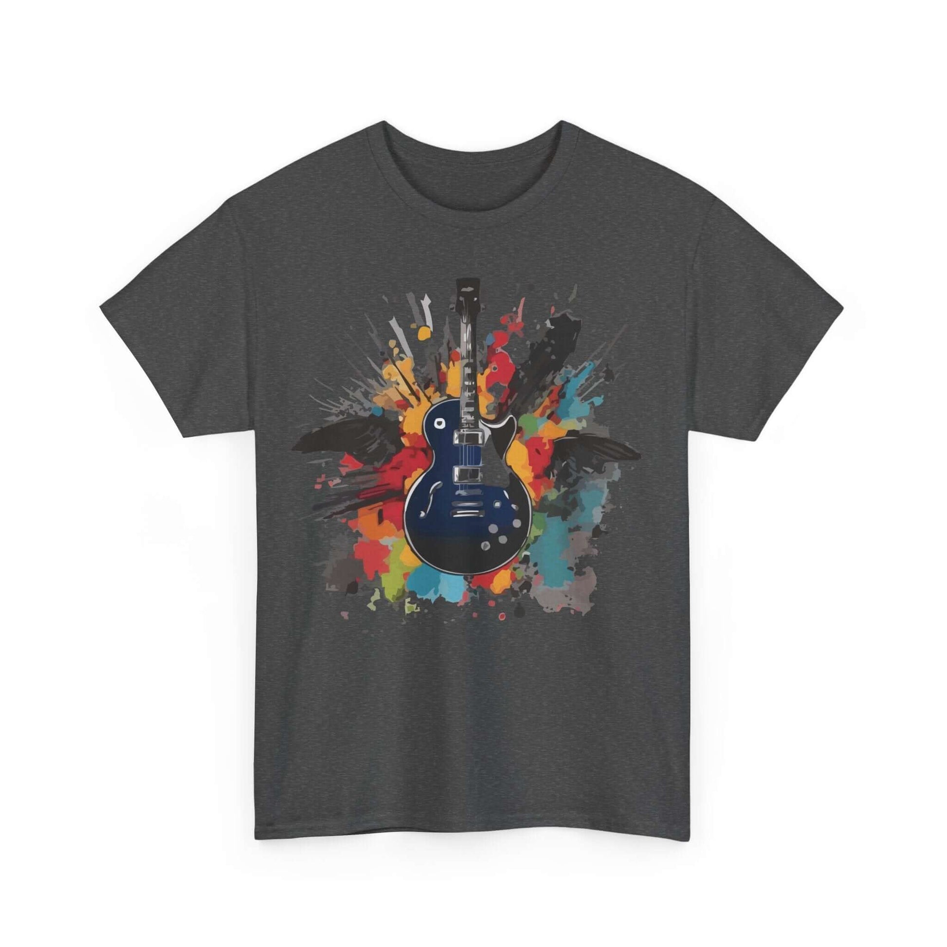 Unisex rock guitar t-shirt with vibrant guitar print, 100% cotton, perfect for music lovers. Dark grey tee showcasing colorful guitar design.