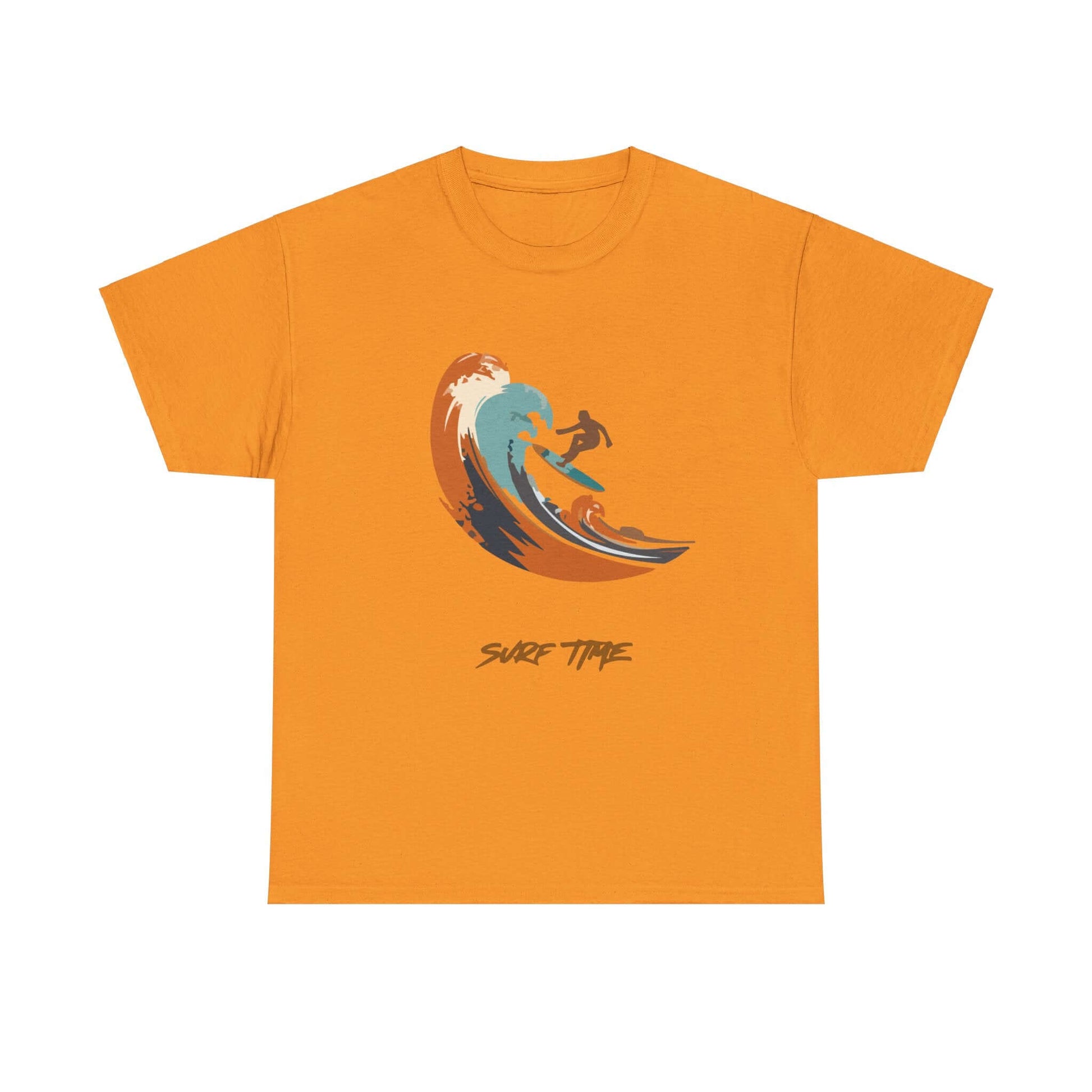 Orange Surf Time T-Shirt with wave design, perfect for beach lovers seeking comfort and durability. Ideal for summer adventures.