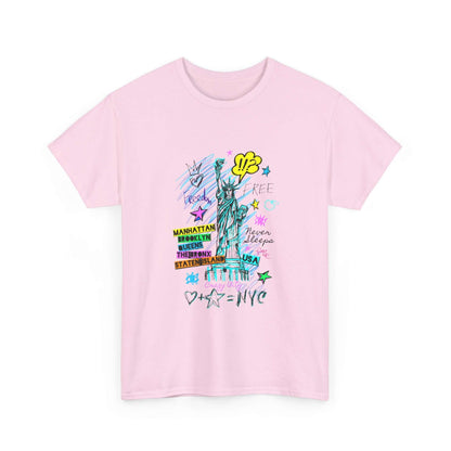 Unisex New York Art T-Shirt in pink featuring vibrant NYC-inspired graphics, crafted from sustainable cotton for stylish comfort.