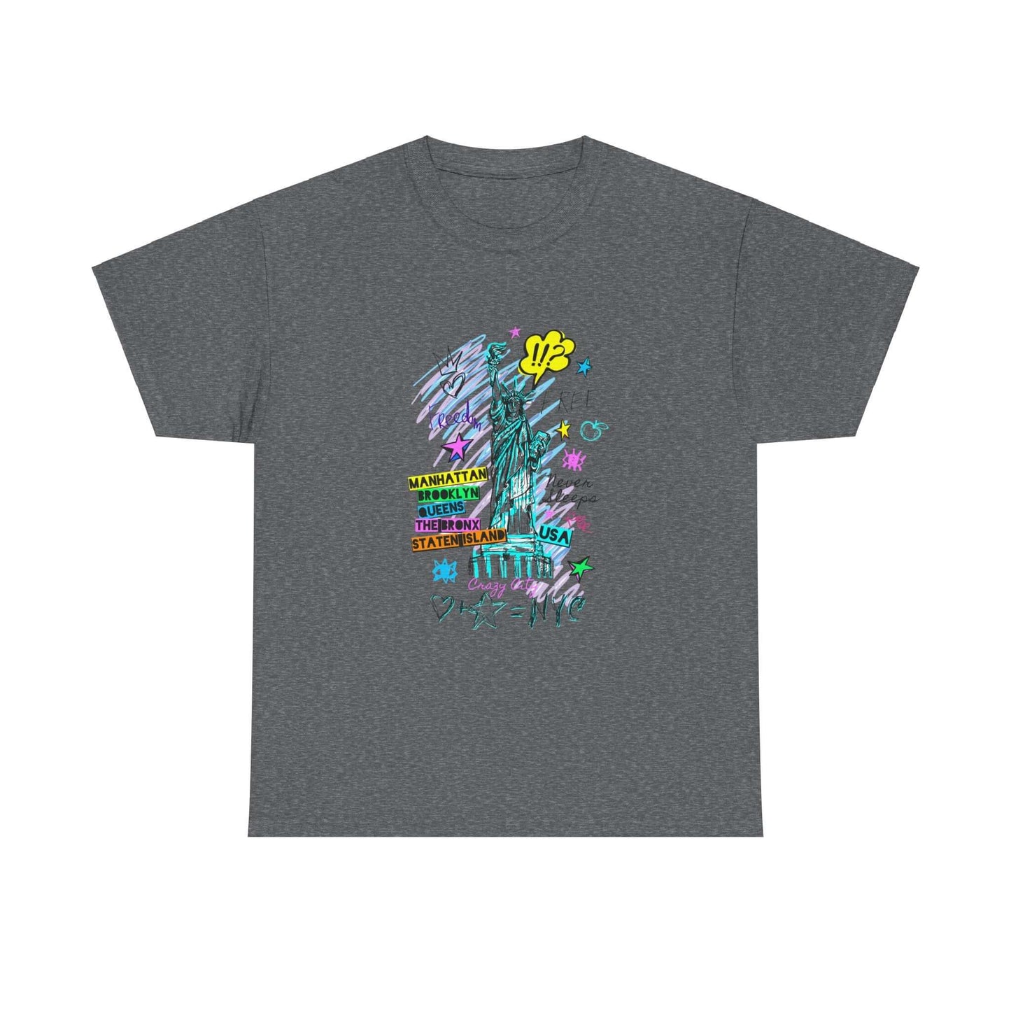 Unisex New York Art T-Shirt in dark grey with vibrant city-inspired design, made from sustainable cotton.