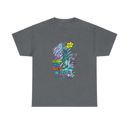 Unisex New York Art T-Shirt in dark grey with vibrant city-inspired design, made from sustainable cotton.