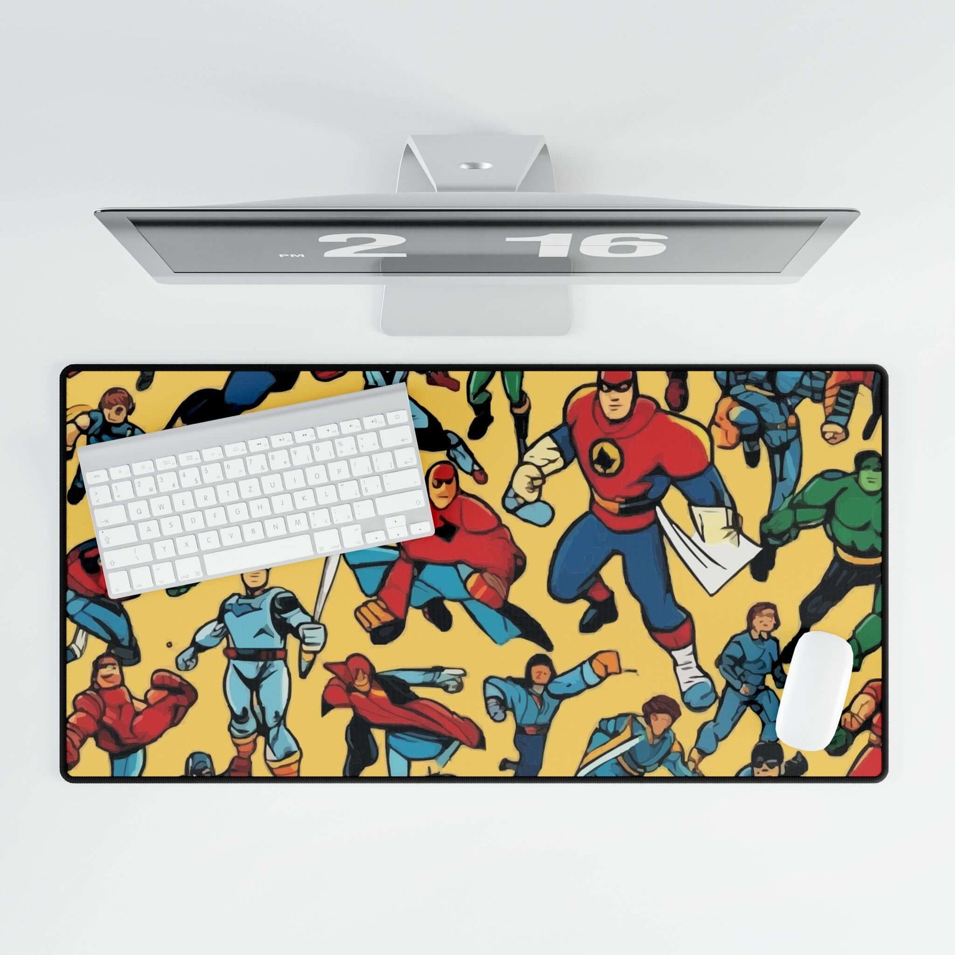 Action Hero Desk MatTransform your boring desk into an action-packed workspace with the Action Hero Desk Mat. This quirky and fun desk mat will not only protect your desk from scratches and spills, but it will also add a touch of personality to your offic