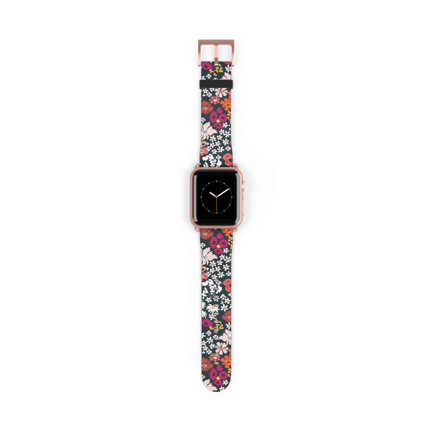 Retro Daisy's Apple Watch band featuring floral design, made from durable faux leather with stainless steel buckle.