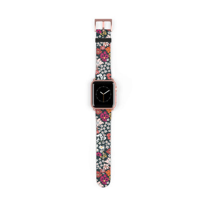 Retro Daisy's Apple Watch band featuring floral design, made from durable faux leather with stainless steel buckle.