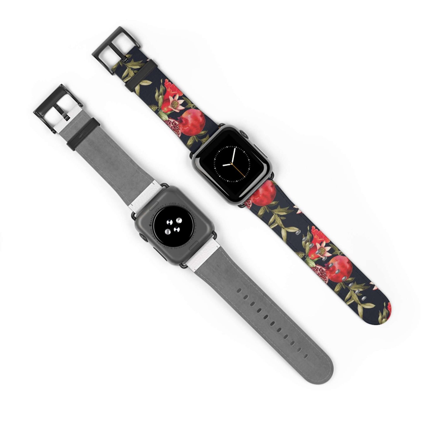 Pomegranate Apple Watch BandEmbrace elegance with our Pomegranate Apple Watch Band. Made from premium, high-quality materials, this luxurious band will elevate your style. With its vibrant red and green colors, it will add a touch of sophistication to any