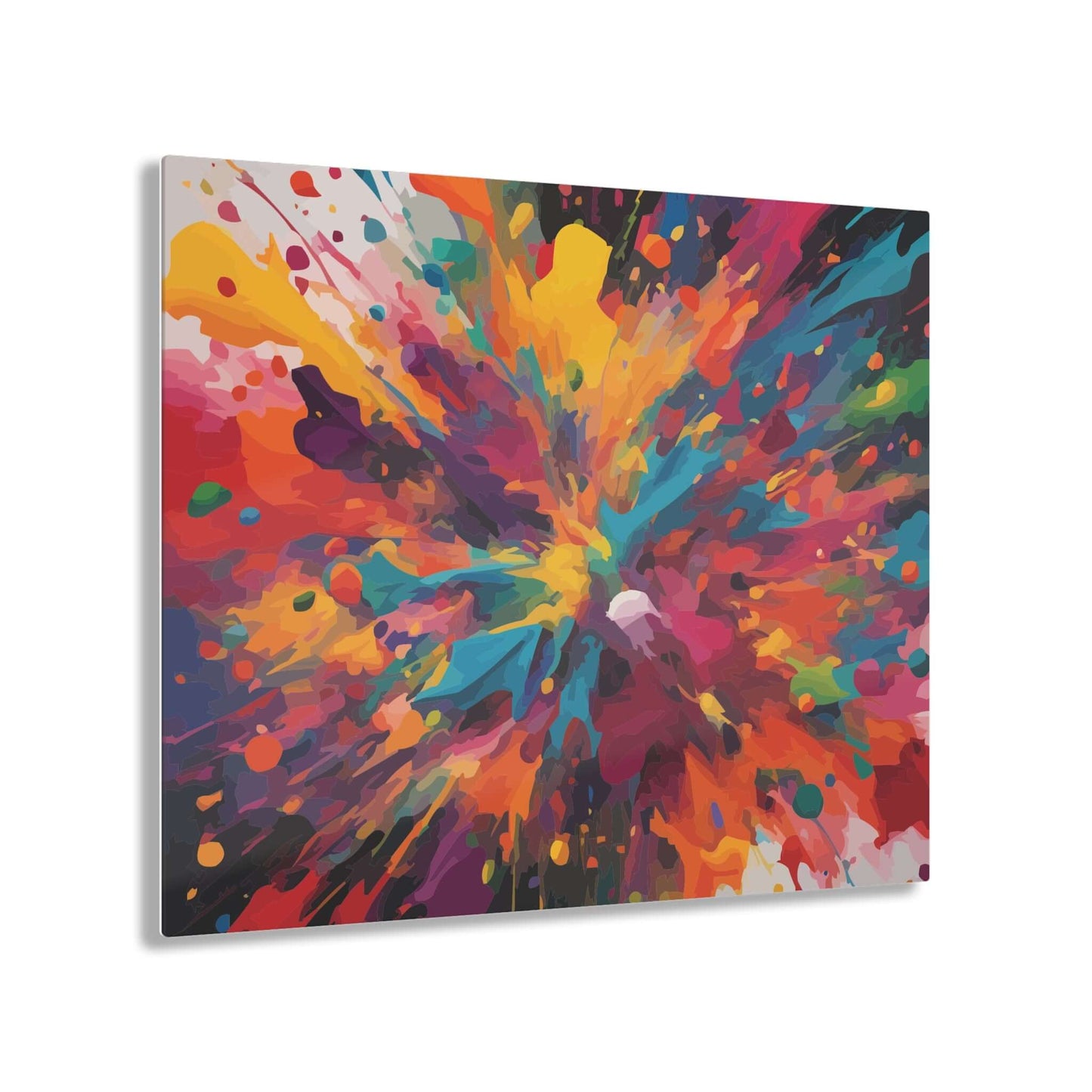 Alt Tag: Vibrant paint splat wall art on eco-friendly acrylic with colorful abstract splatter design, ideal for modern interior décor.