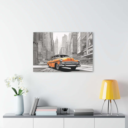 Alt Tag: Classic car wall art in vibrant cityscape on eco-friendly acrylic print, enhancing modern living room décor.