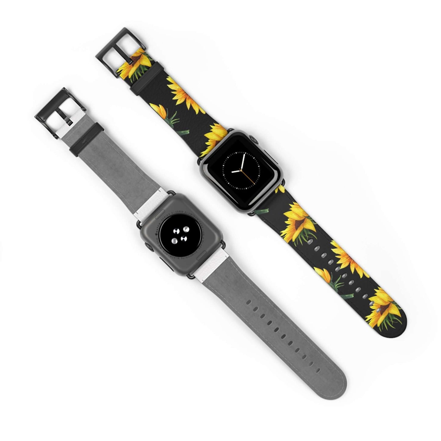 Sunflower Apple Watch Band in faux leather, perfect accessory for iPhone and Samsung cases, showcasing vibrant sunflower design on strap.