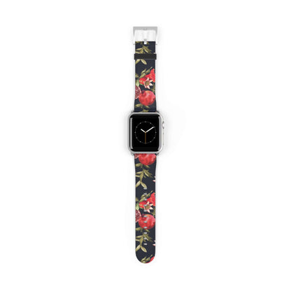 Pomegranate Apple Watch BandEmbrace elegance with our Pomegranate Apple Watch Band. Made from premium, high-quality materials, this luxurious band will elevate your style. With its vibrant red and green colors, it will add a touch of sophistication to any